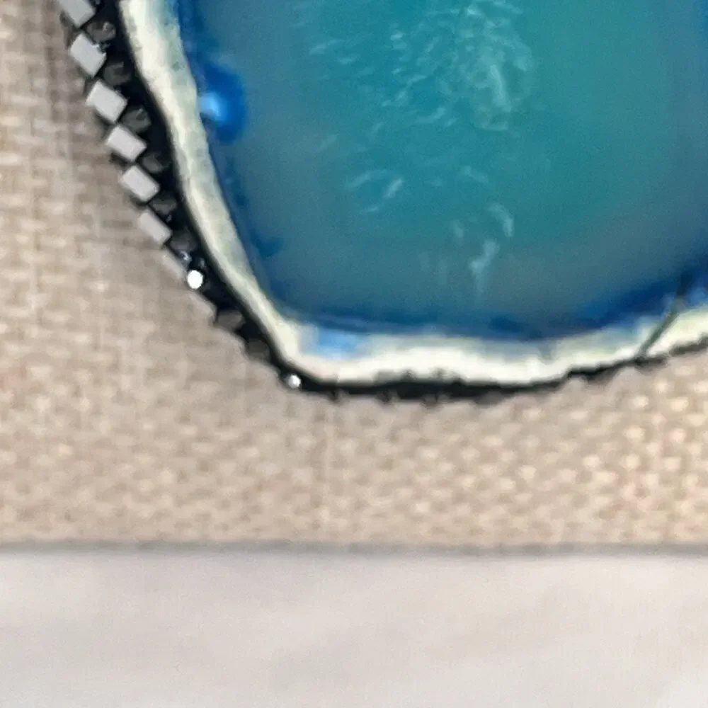 Vintage Sterling Silver 925 Blue Aqua Agate Slice Pendant Necklace 16" (#23) - Picture 5 of 16